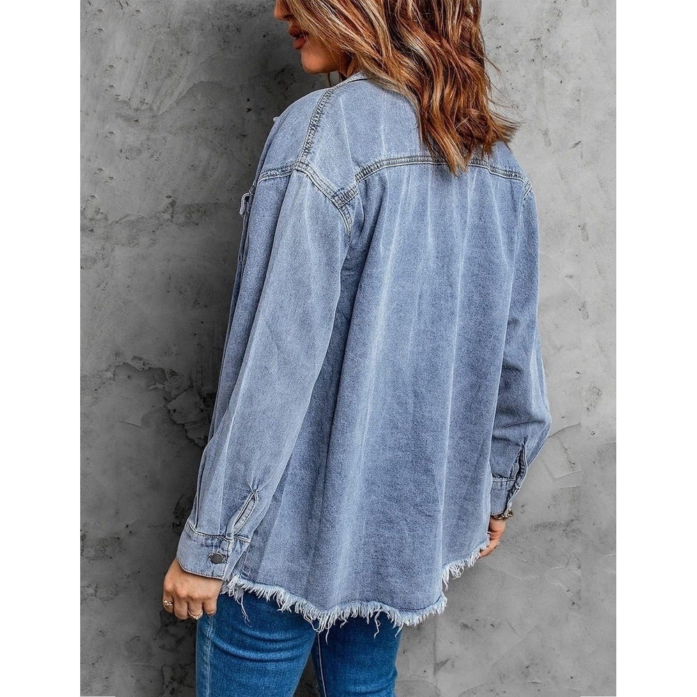 Zeagoo Denim Shirt Jacket Womens XL Long Sleeve Frayed Hem Button Up Casual - Picture 3 of 3
